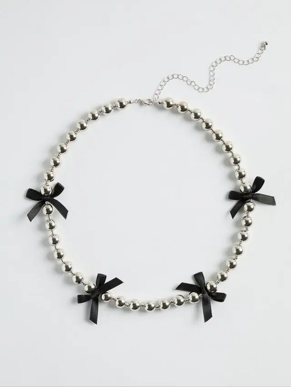 Silvertone 18" Round Bead Necklace with Black Satin Bows